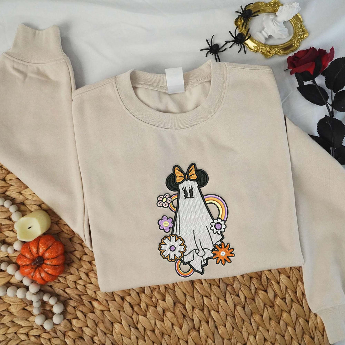 Girl Mouse Ghost with Flowers Halloween Embroidery Sweatshirt, Halloween Embroidery Sweatshirt HLW_M1389