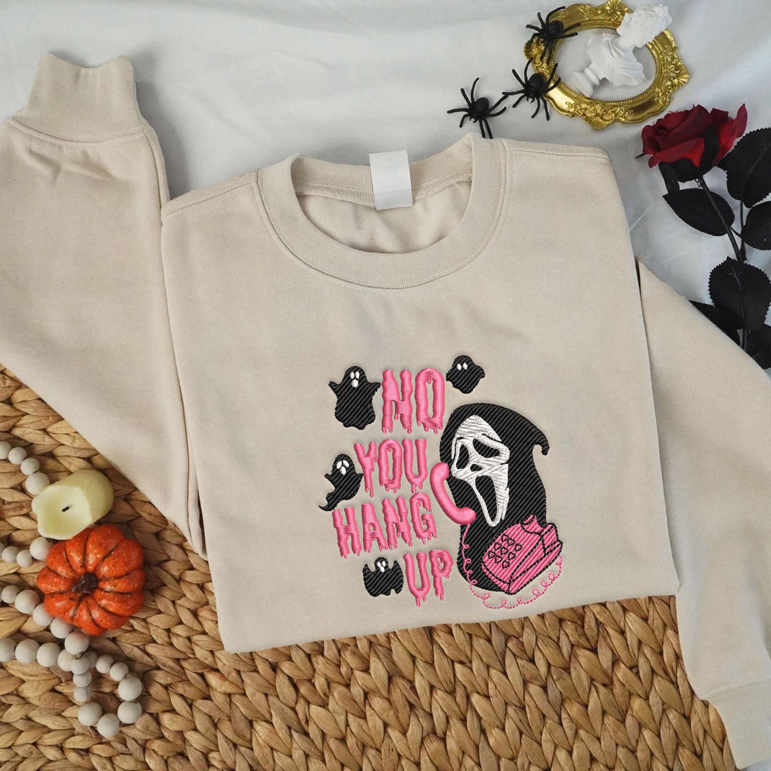 No You Hang Up Ghost with Bat Embroidery Sweatshirt, Halloween Embroidery Sweatshirt HLW_M1155
