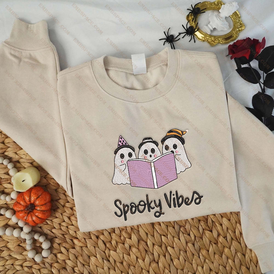 Witch Ghost Reading Book Embroidery Sweatshirt, Halloween Embroidery Sweatshirt HLW_M1587