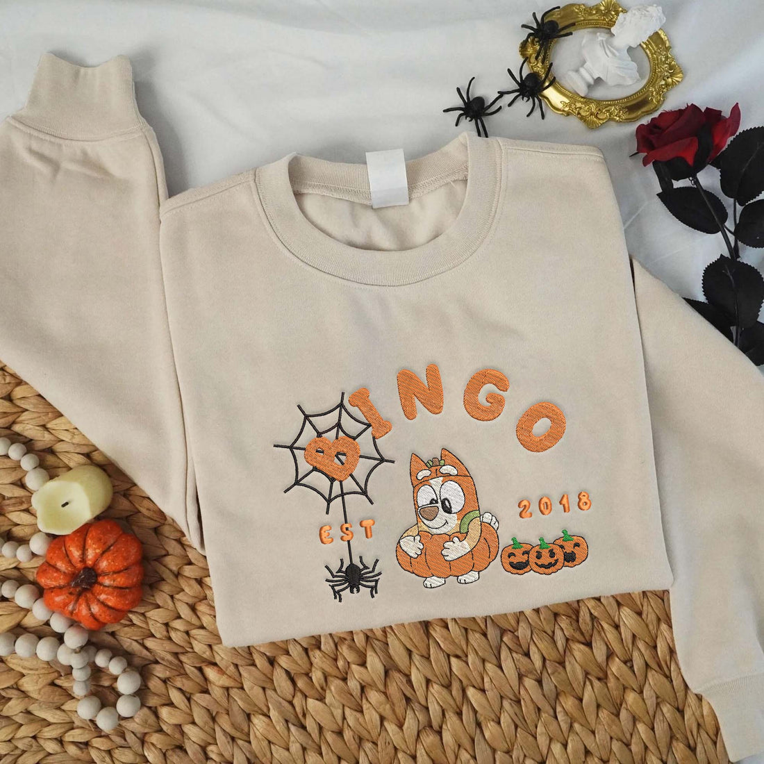 Blue Dog in Pumpkin Est 2018 Halloween Embroidery Sweatshirt, Halloween Embroidery Sweatshirt HLW_M926