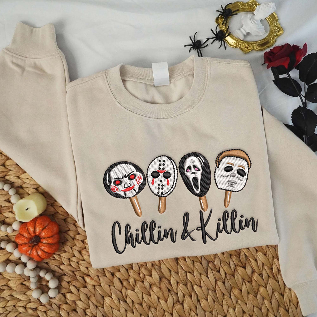 Chilling and Killing Killers Halloween Sweatshirt, Halloween Embroidery Sweatshirt HLW_M1087