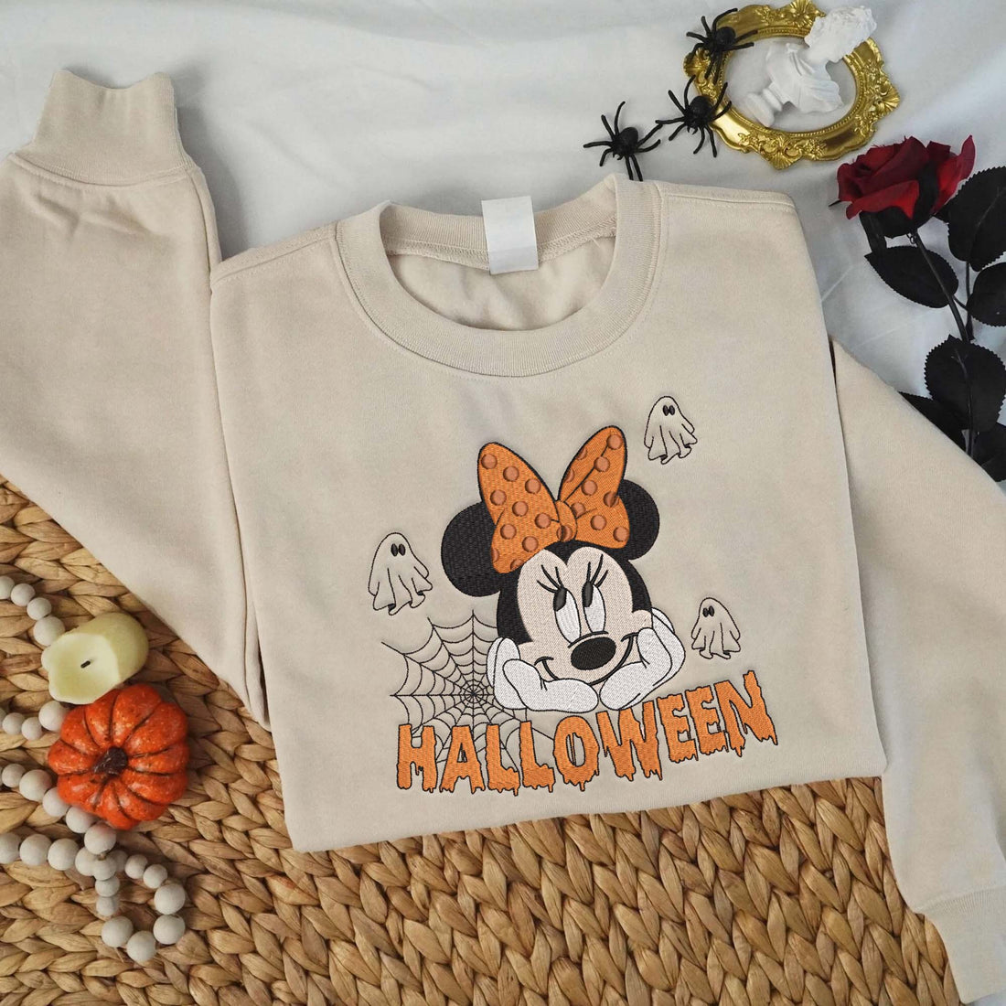 Girl Mouse with Ghost Halloween Sweatshirt, Halloween Embroidery Sweatshirt HLW_M1183