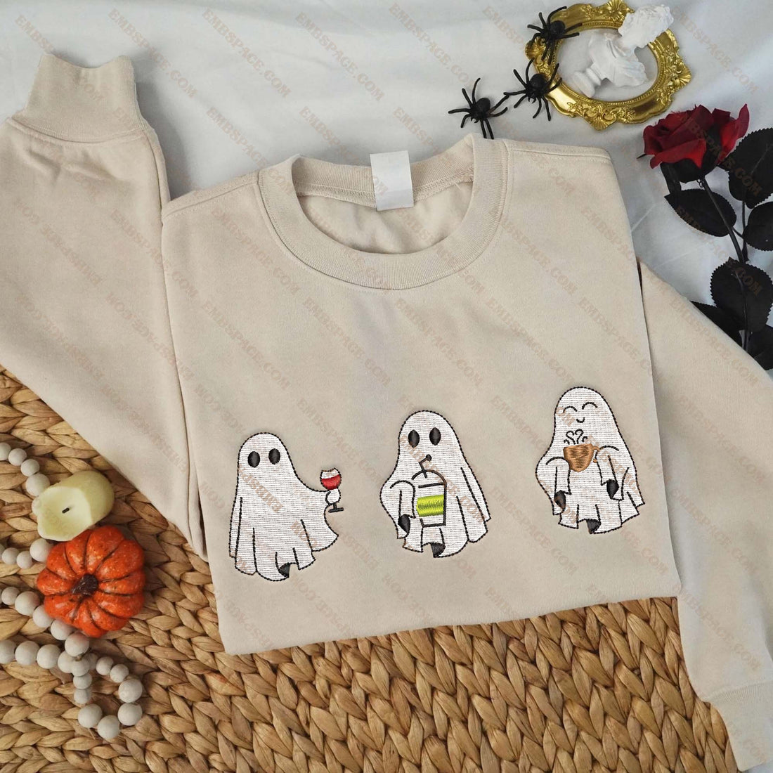Cute Ghost Coffee Embroidery Sweatshirt, Halloween Embroidery Sweatshirt HLW_M1573