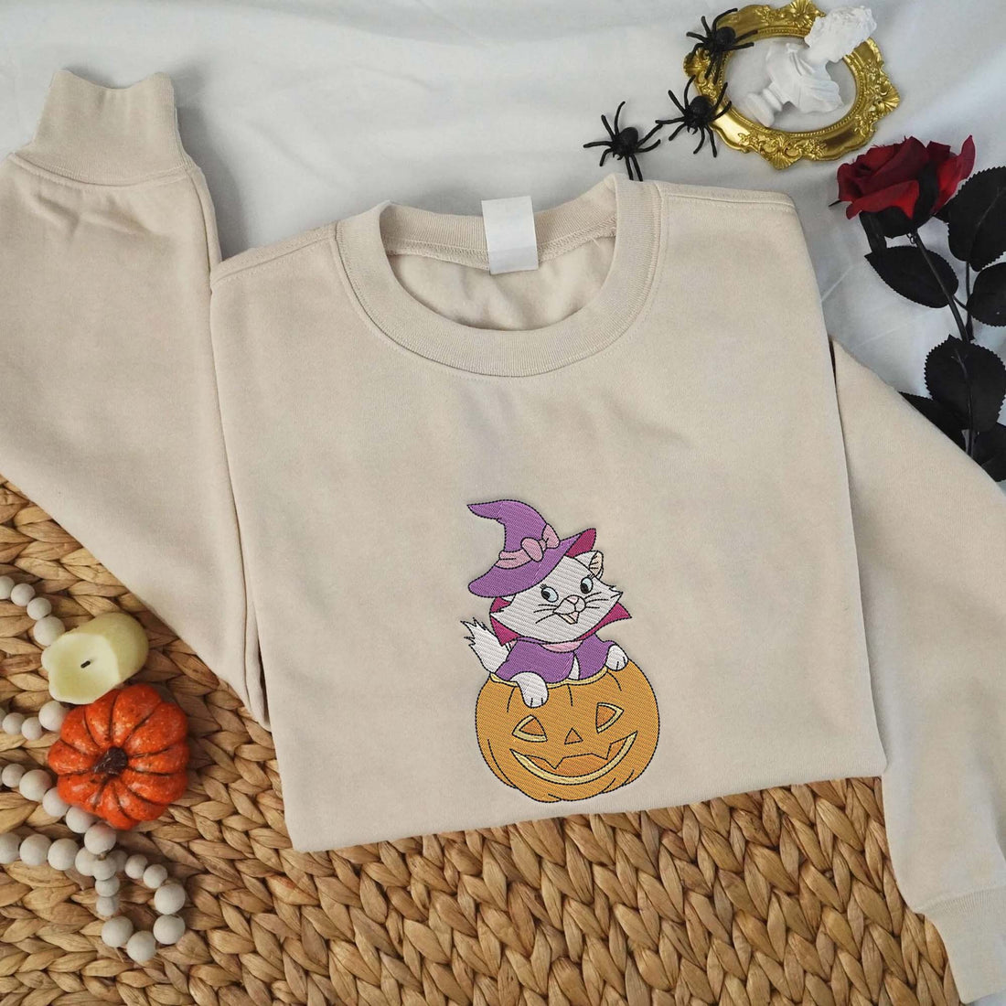 White Cat Witch in Pumpkin Halloween Embroidery Sweatshirt, Halloween Embroidery Sweatshirt HLW_M1385
