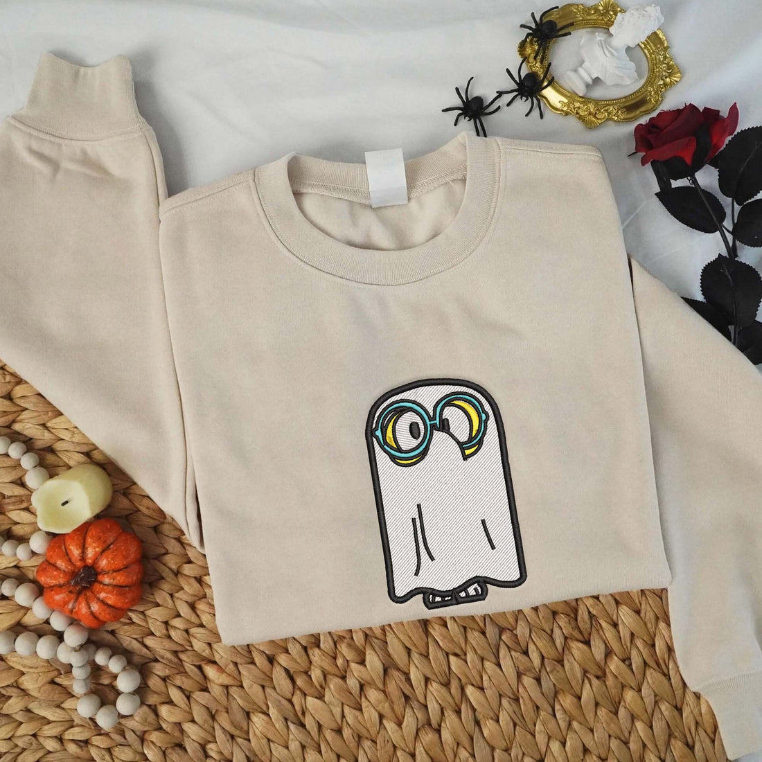 Blue Dog Cute Ghost Halloween Sweatshirt, Halloween Embroidery Sweatshirt HLW_M1193
