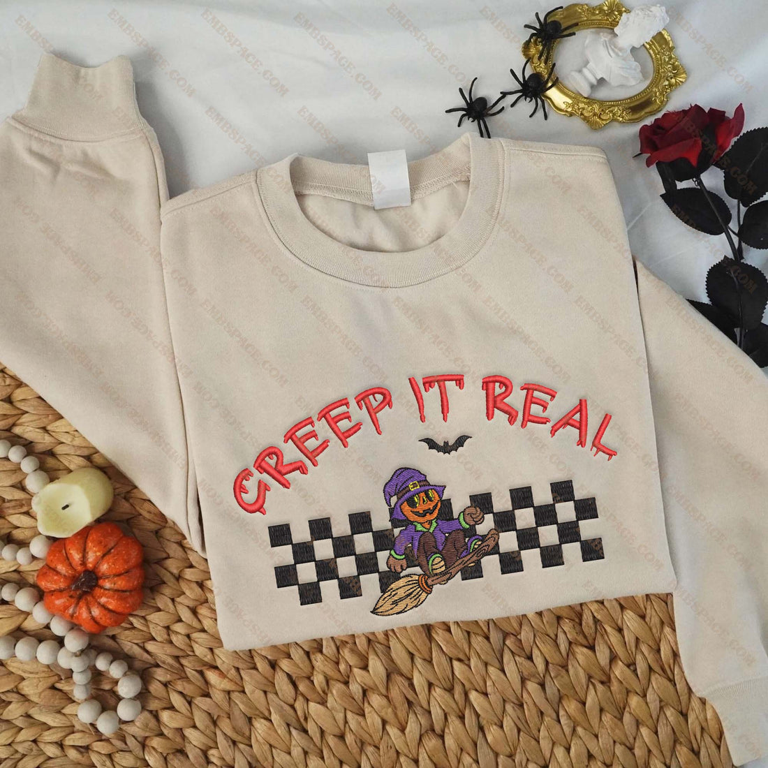 Creep It Real Pumpkin Riding A Witch's Broom Embroidery Sweatshirt, Halloween Embroidery Sweatshirt HLW_M1635