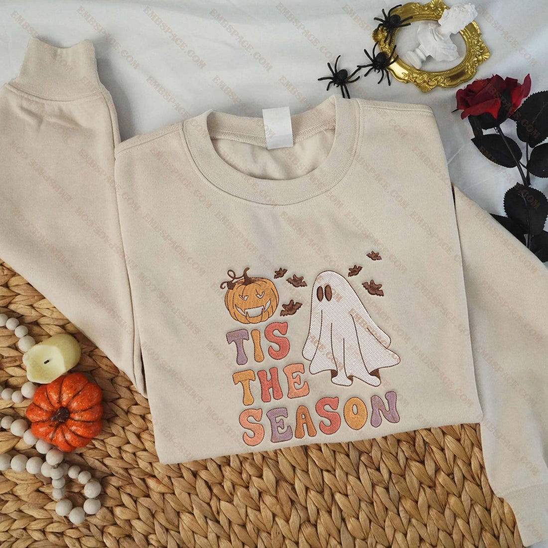Retro Ghost Tis The Season Embroidery Sweatshirt, Halloween Embroidery Sweatshirt HLW_M1633