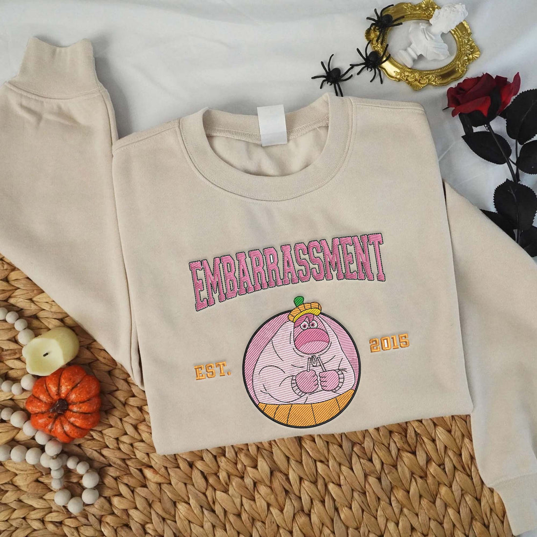 Emotions Pink Boy with Pumpkin Est 2015 Halloween Embroidery Sweatshirt, Halloween Embroidery Sweatshirt HLW_M1315