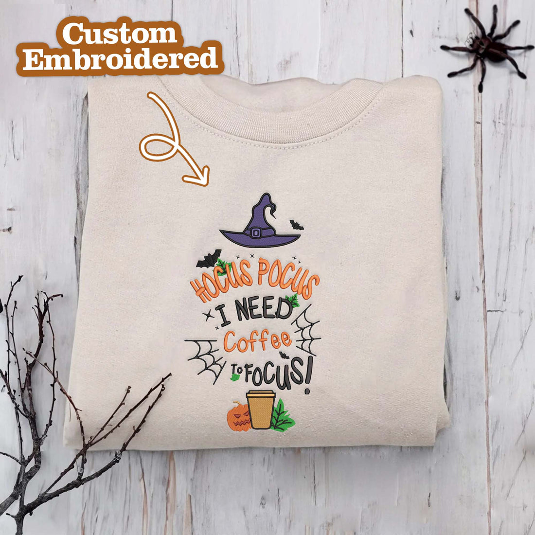 I Need Coffee To Focus with Pumpkin Halloween Sweatshirt, Halloween Embroidery Sweatshirt HLW_M783