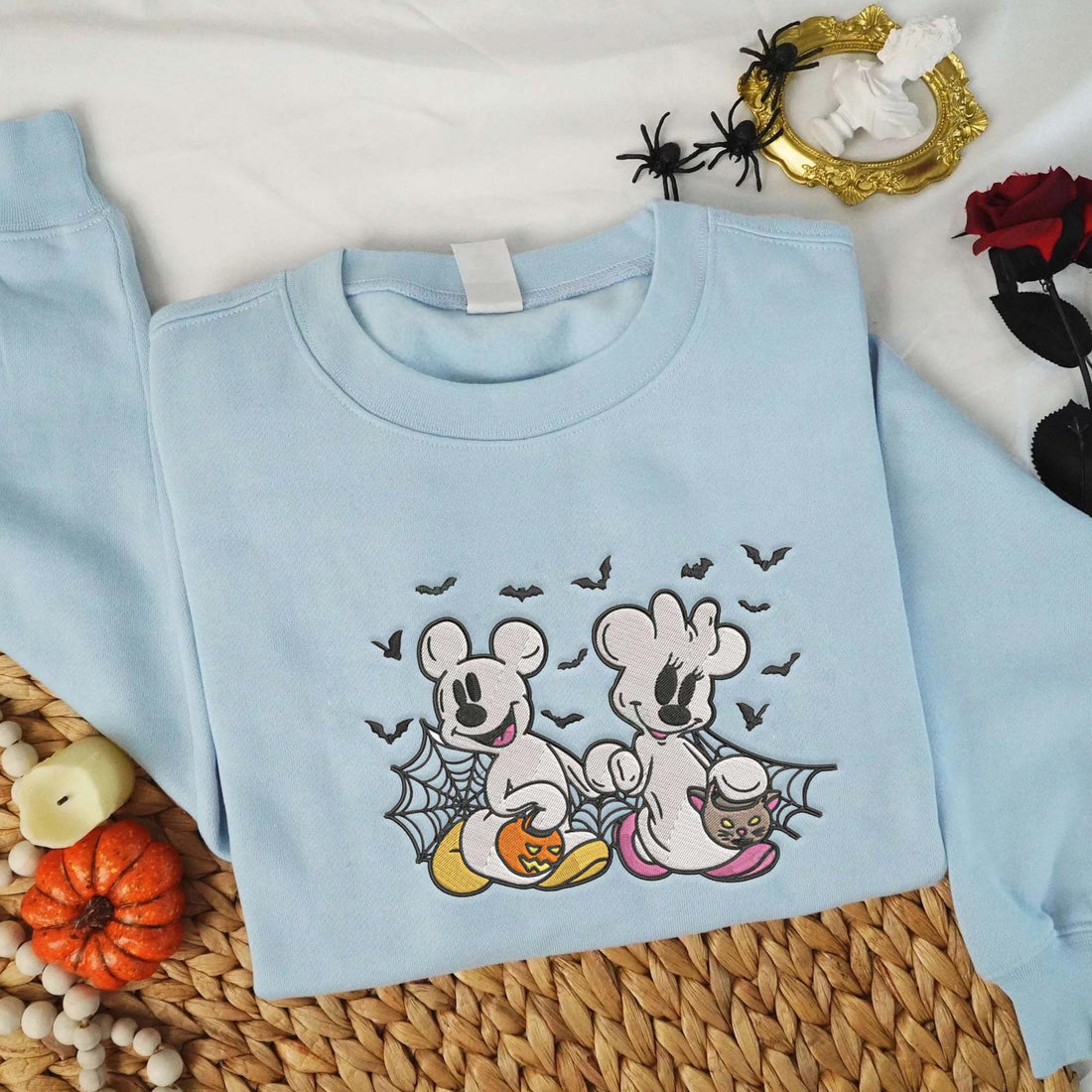 Couple Mouse with Bat Halloween Embroidery Sweatshirt, Halloween Embroidery Sweatshirt HLW_M861