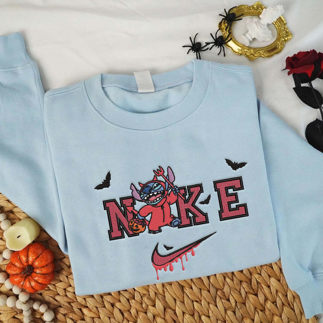 N Cartoon Carry Pumpkin and Trident Halloween Sweatshirt, Halloween Embroidery Sweatshirt HLW_M824
