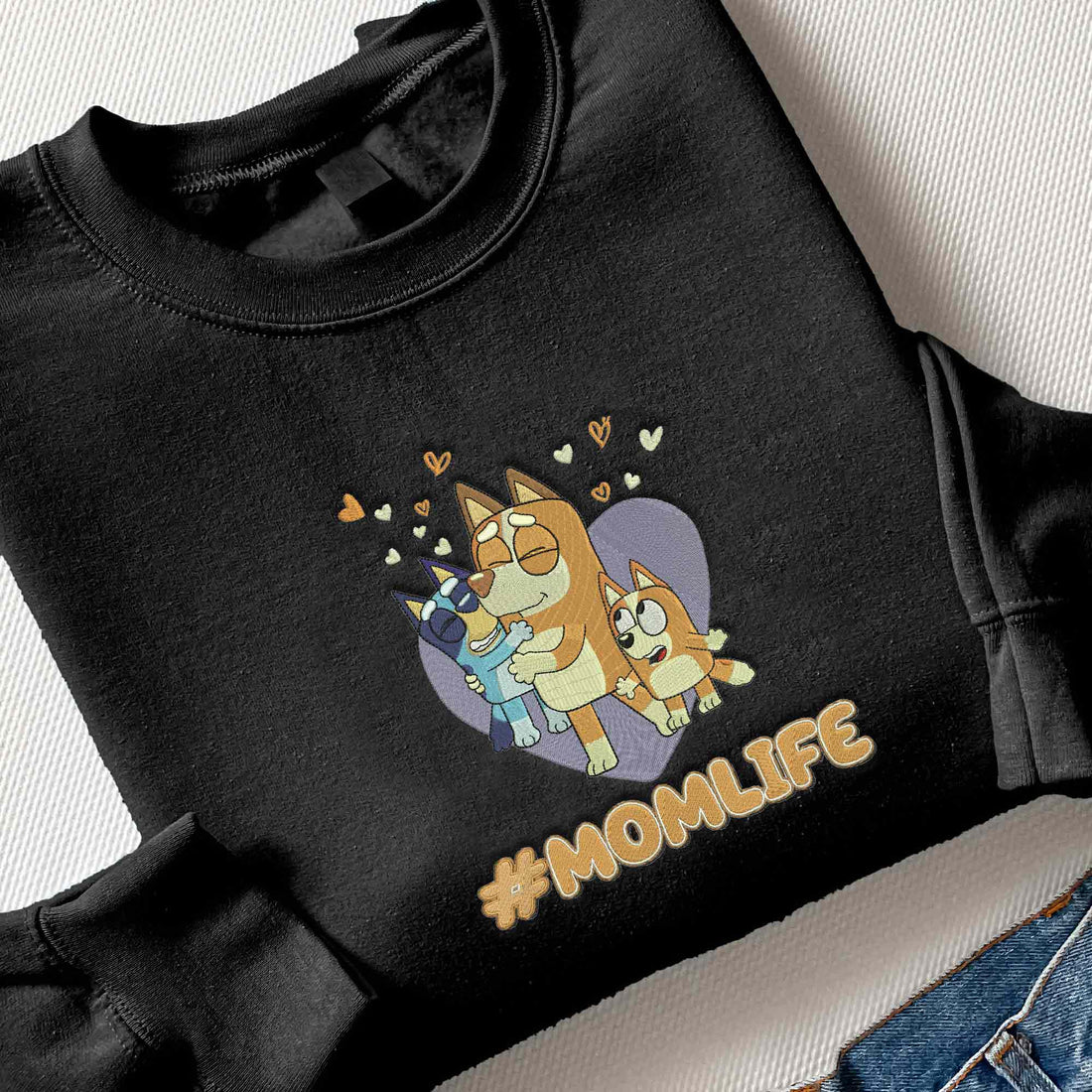 Mom Blue Dog Embroidery Sweatshirt, Hashtag Mom Embroidery Sweatshirt B_M04