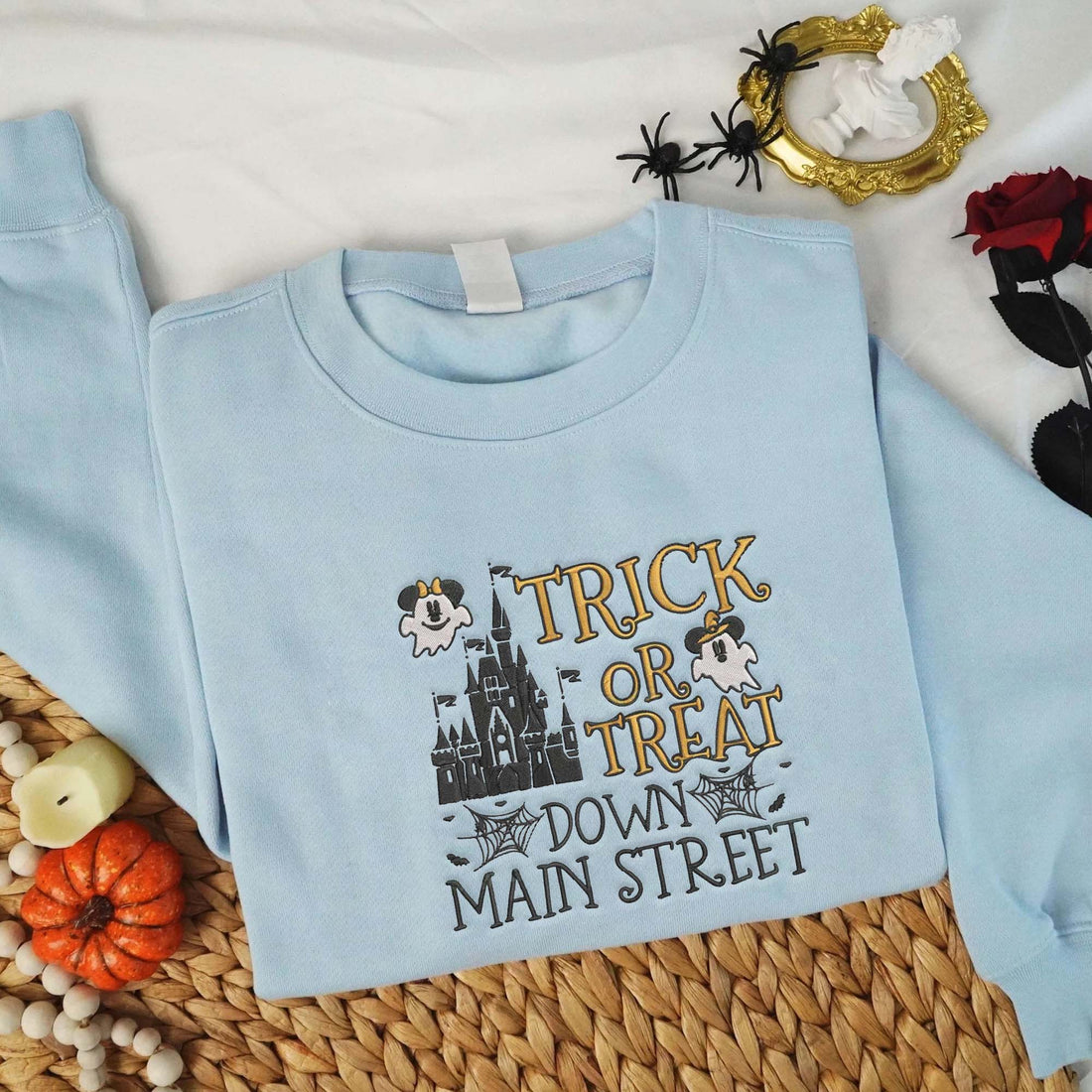 Trick Treat Ghost Mouse Down Main Street Sweatshirt, Halloween Embroidery Sweatshirt HLW_M862