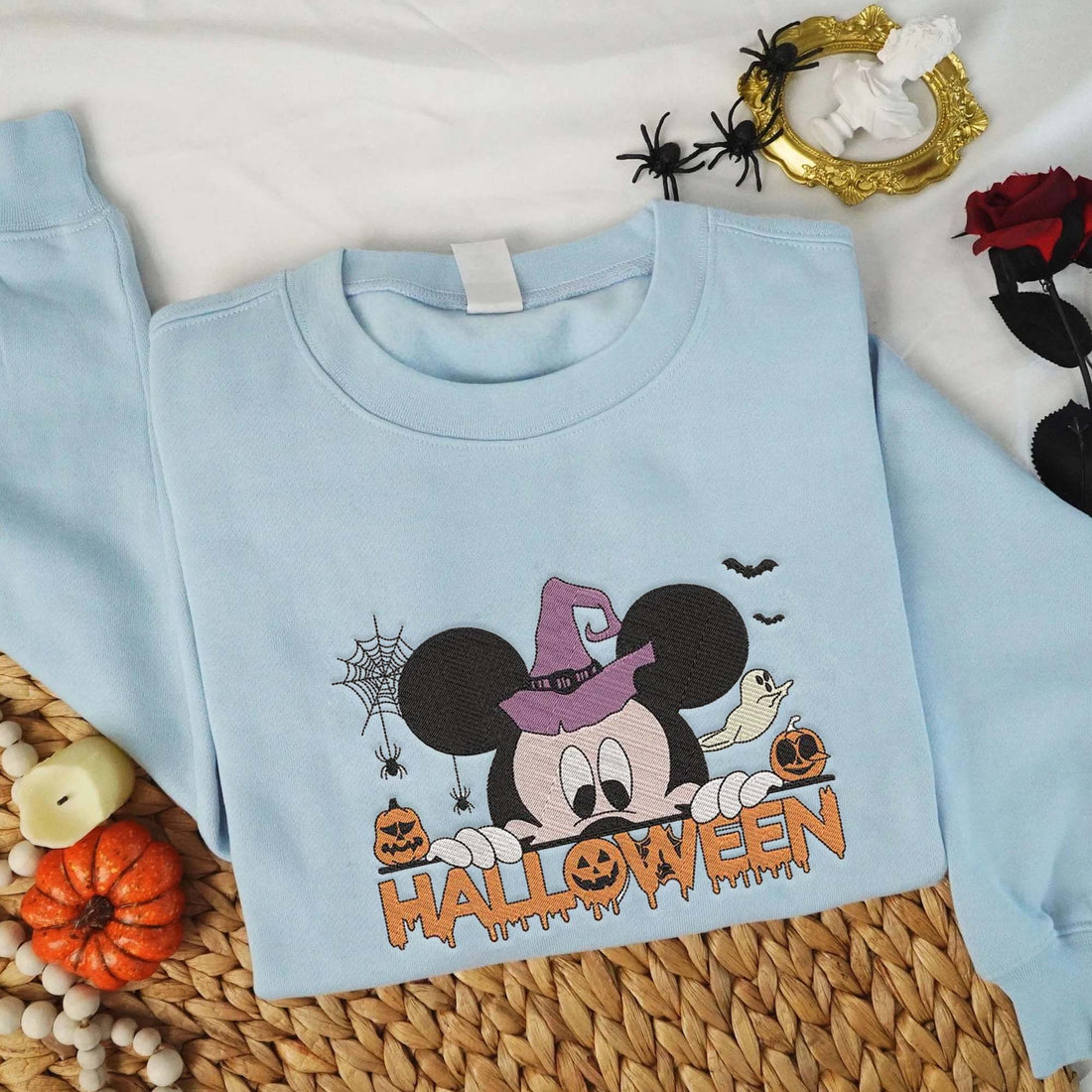 Mouse with bat and Pumpkin Halloween Sweatshirt, Halloween Embroidery Sweatshirt HLW_M1057