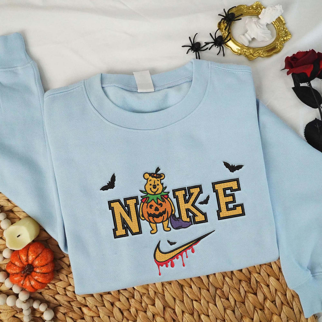 N Bear in Pumpkin Halloween Sweatshirt, Halloween Embroidery Sweatshirt HLW_M821