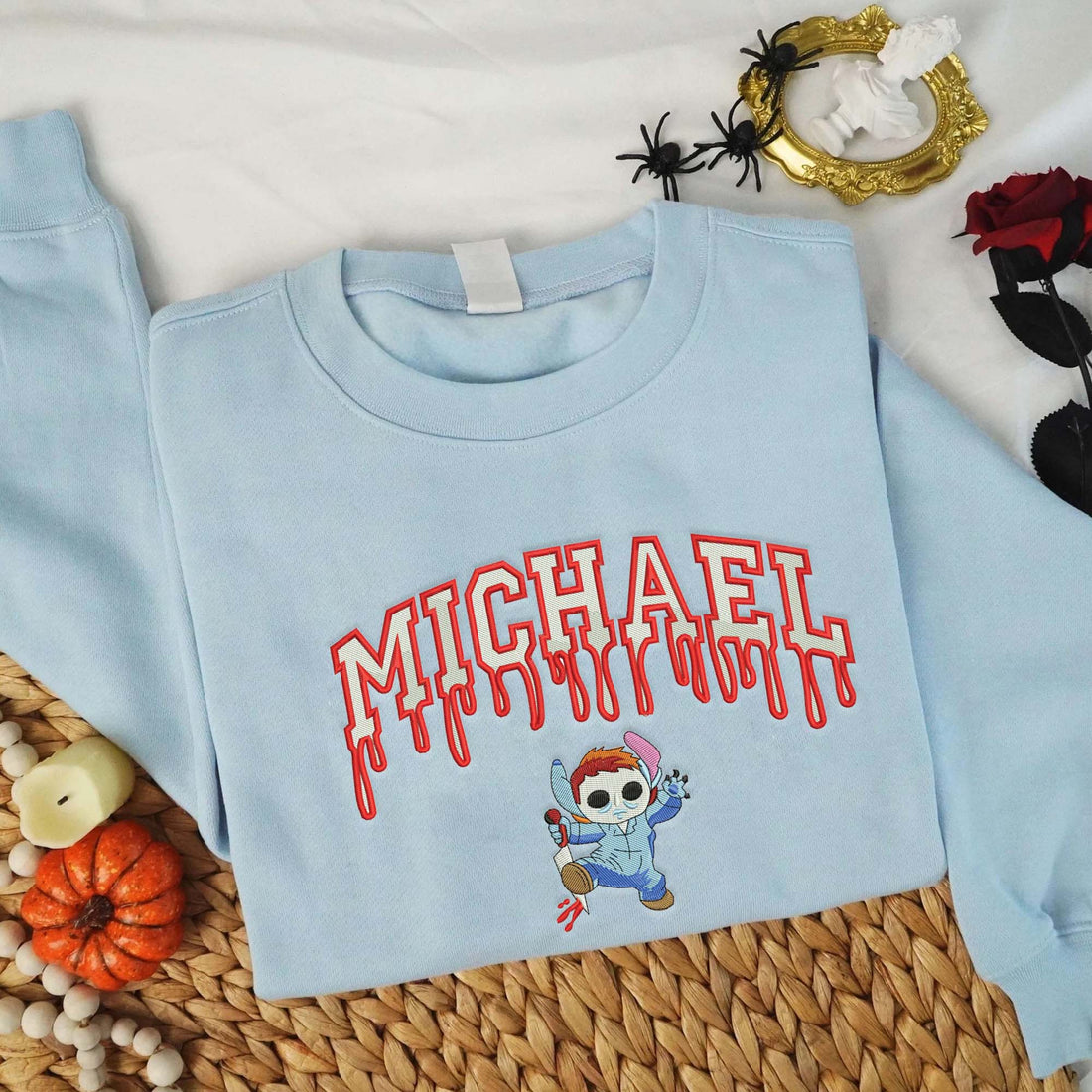 Horror Cartoon Character with Knife Halloween Sweatshirt, Halloween Embroidery Sweatshirt HLW_M883