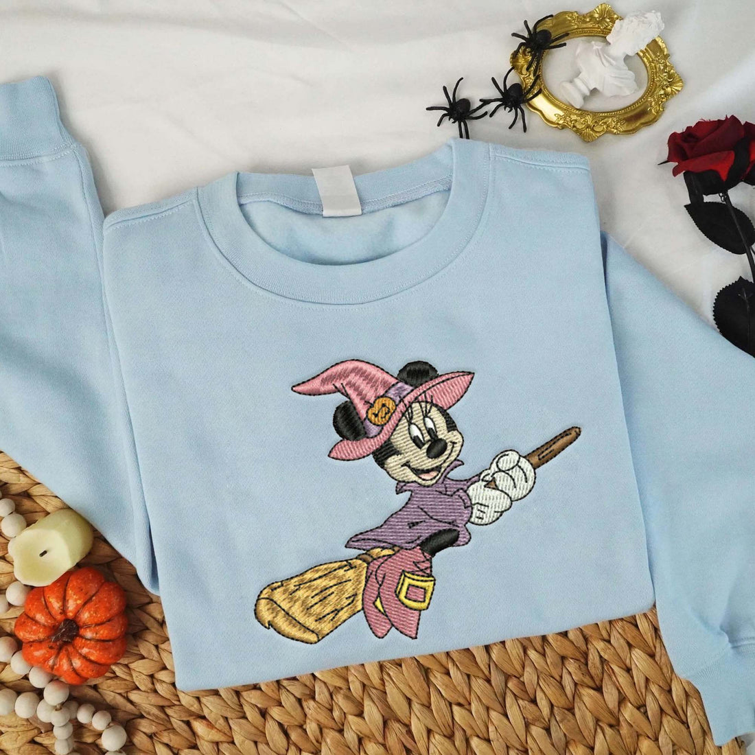 Mouse Fly with Broom Halloween Sweatshirt, Halloween Embroidery Sweatshirt HLW_M876