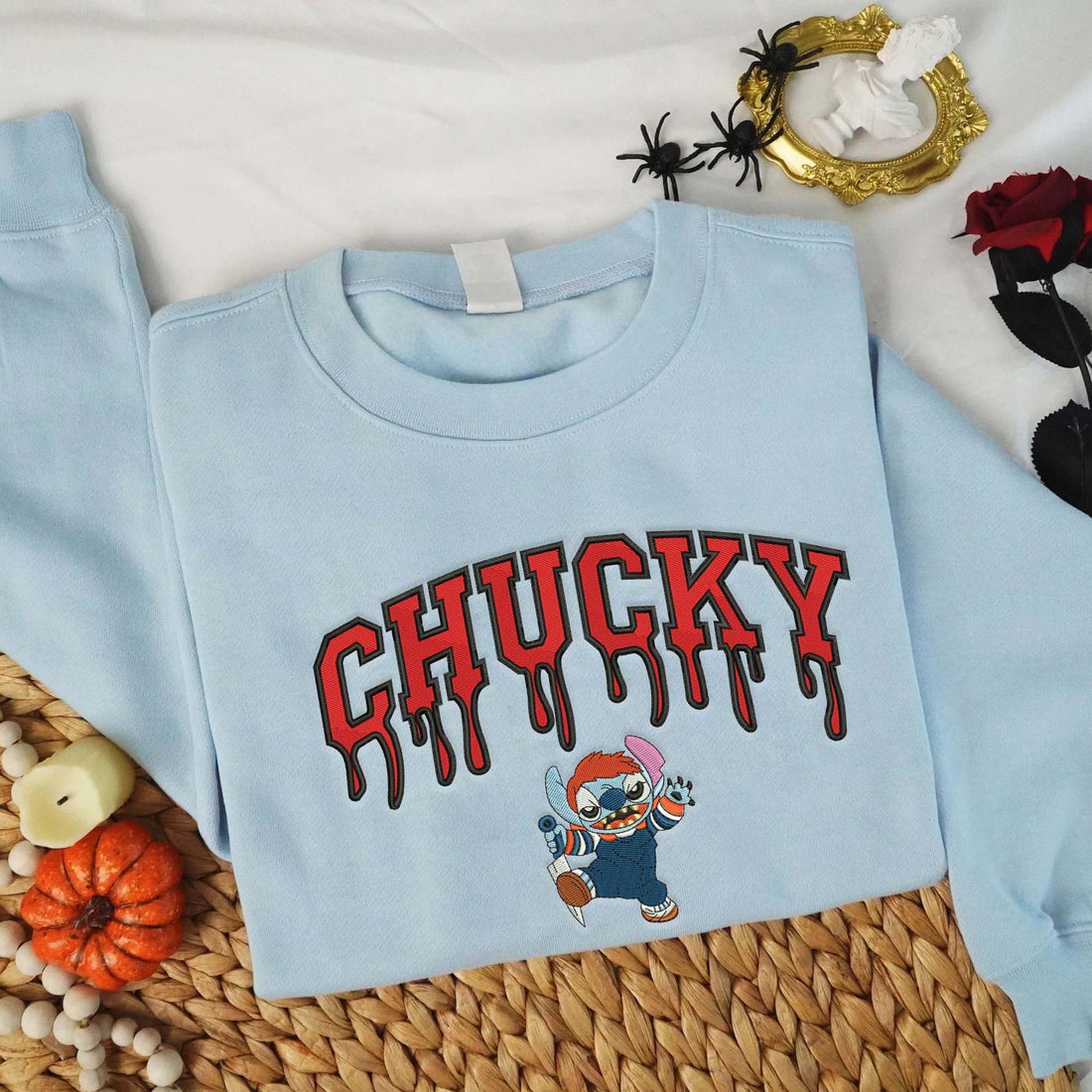 Killer Cartoon Character with Knife Halloween Sweatshirt, Halloween Embroidery Sweatshirt HLW_M882