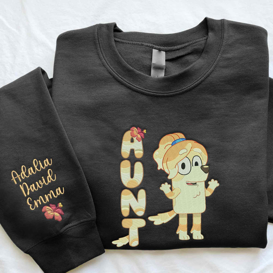 Cute Aunt Blue Dog Embroidery  Sweatshirt, Kids Name On Sleeve Sweatshirt B_M69
