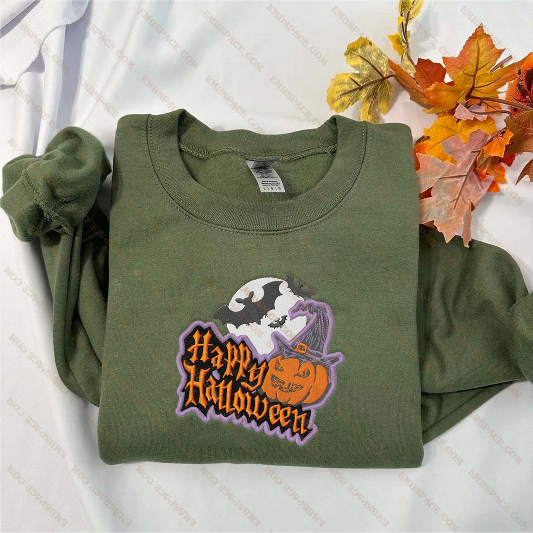 Happy Halloween Pumpkin with Bat Embroidery Sweatshirt, Halloween Embroidery Sweatshirt HLW_M1697