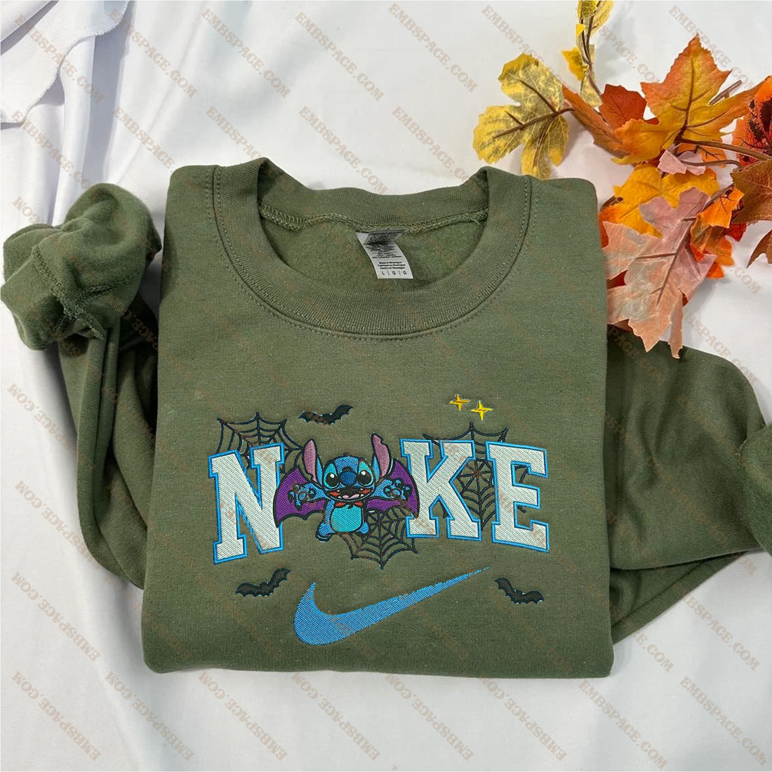 Blue Cartoon Character with Bat Wring Halloween Embroidery Sweatshirt, Halloween Embroidery Sweatshirt HLW_M1986