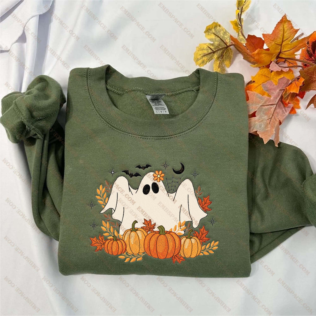 Ghost and Pumpkin Halloween Embroidery Sweatshirt, Halloween Embroidery Sweatshirt HLW_M1693