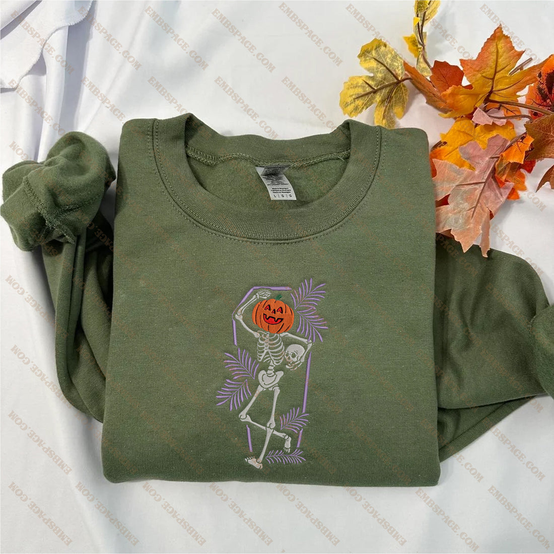 Halloween Dancing Skeleton In Pumpkin Embroidery Sweatshirt, Halloween Embroidery Sweatshirt HLW_M1719