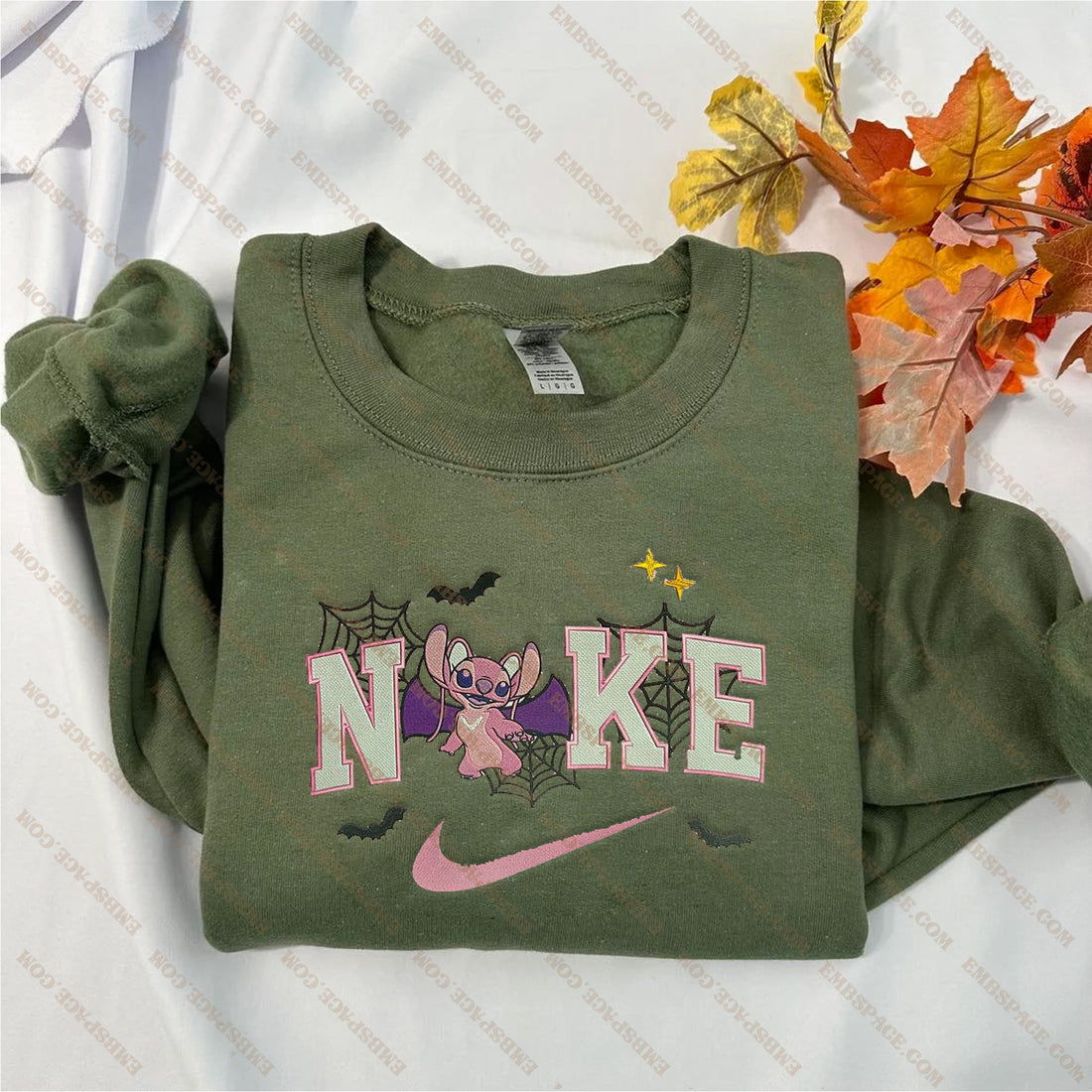 Pink Cartoon Character with Bat Wring Halloween Embroidery Sweatshirt, Halloween Embroidery Sweatshirt HLW_M1987
