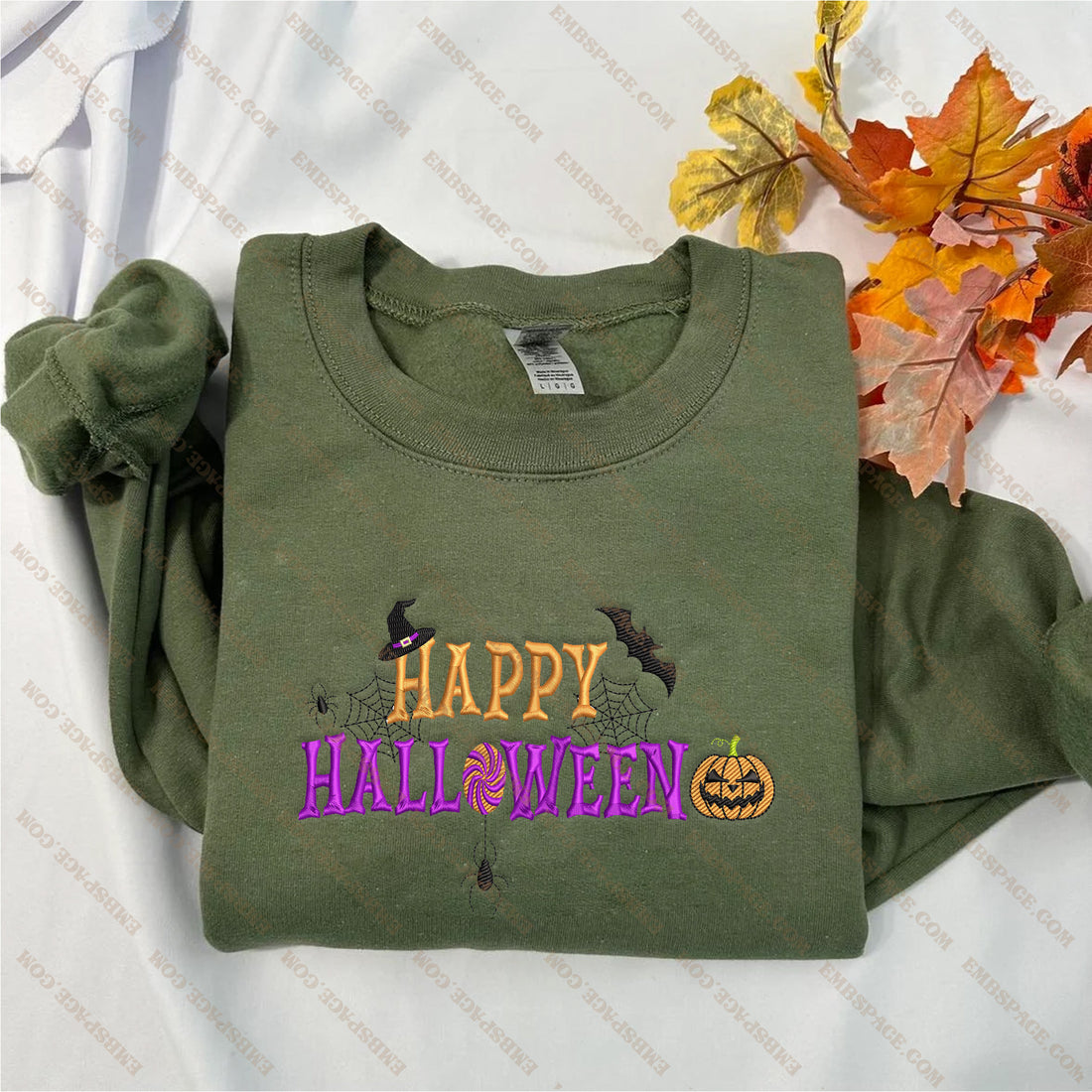 Happy Halloween With Spider and Pumpkin Sweatshirt, Halloween Embroidery Sweatshirt HLW_M1726