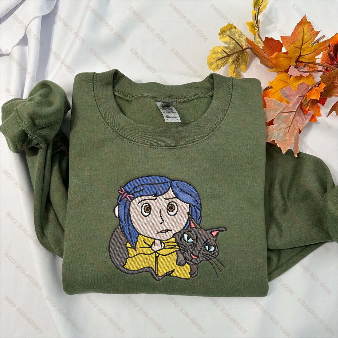 Girl with Blue Hair and Cat Halloween Embroidery Sweatshirt, Halloween Embroidery Sweatshirt HLW_M2011