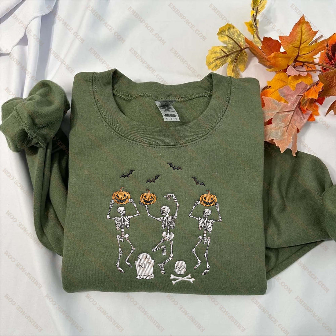Dancing Skeletons With Pumpkin Halloween Embroidery Sweatshirt, Halloween Embroidery Sweatshirt HLW_M1893