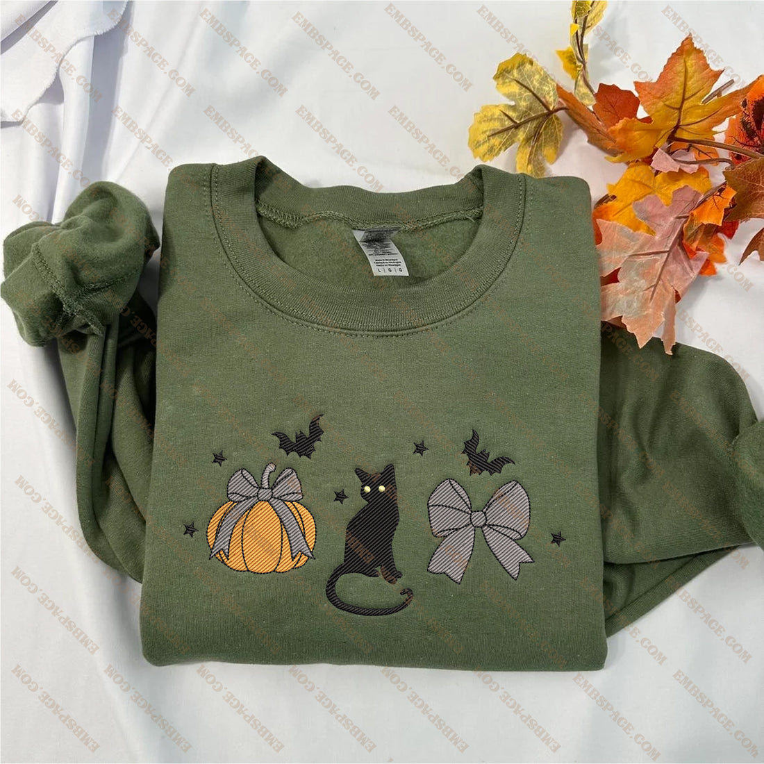 Halloween Coquette Cat Pumpkin Embroidery Sweatshirt, Halloween Embroidery Sweatshirt HLW_M1724