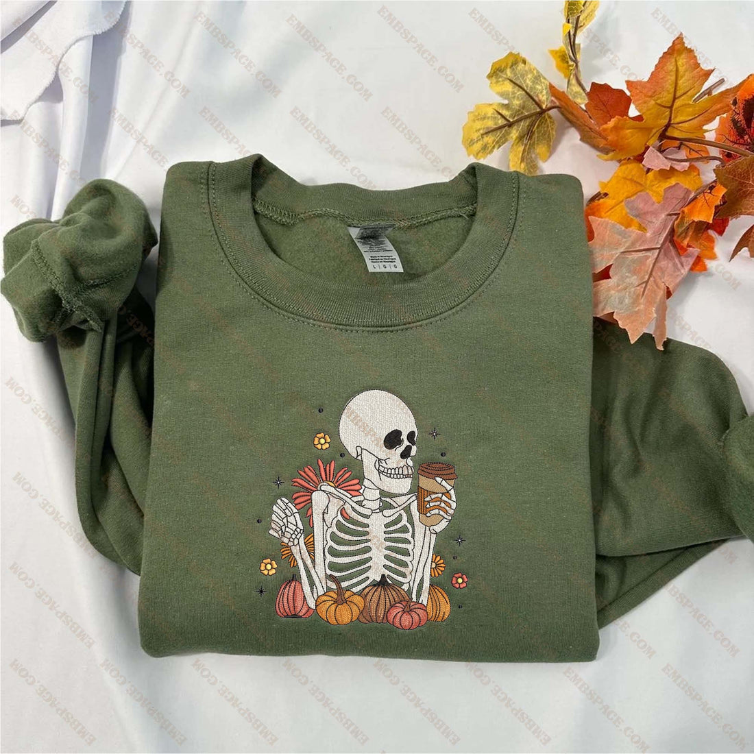 Halloween Skeleton with Coffee Embroidery Sweatshirt, Halloween Embroidery Sweatshirt HLW_M1792
