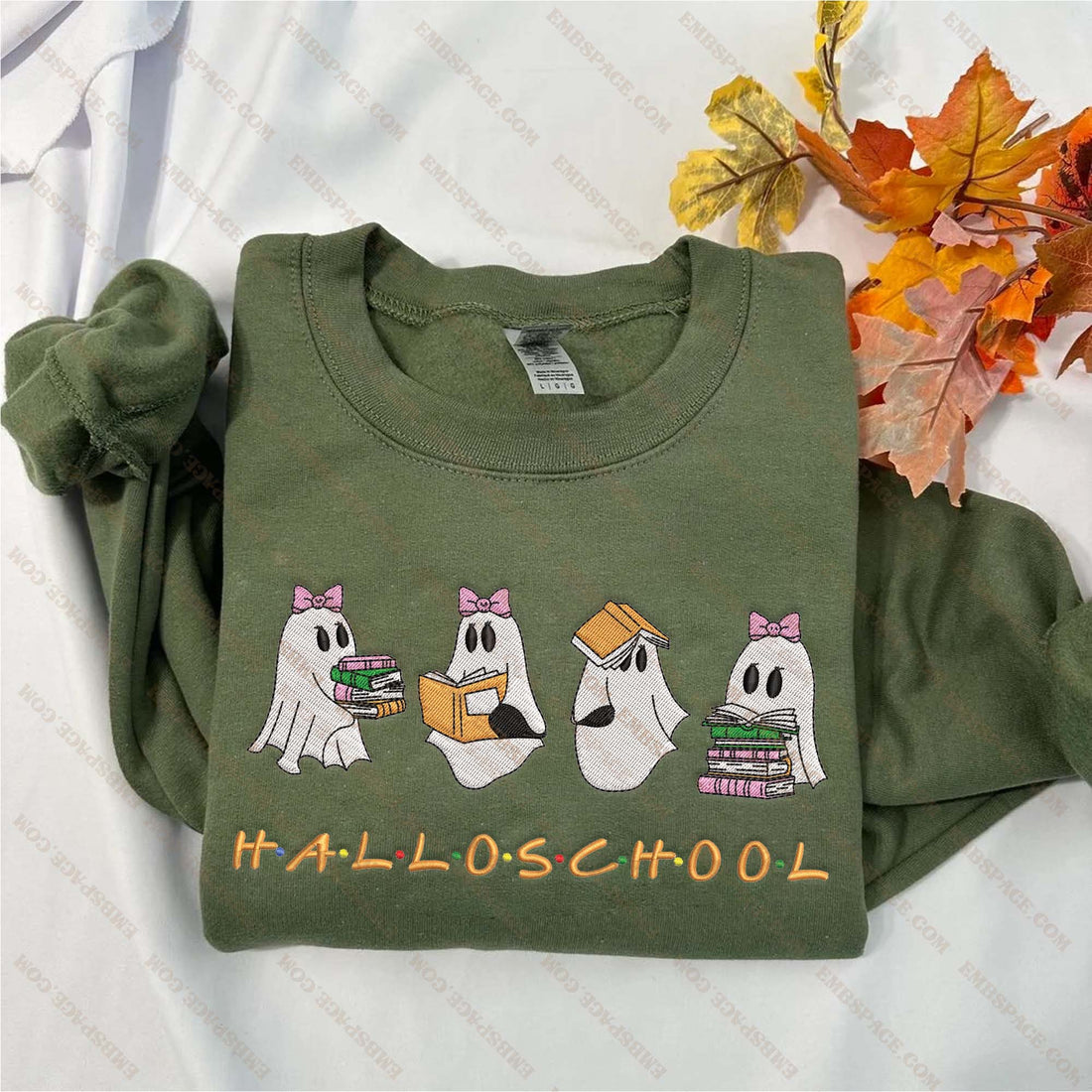 Cute Four Ghost Reading Book Halloschool Embroidery Sweatshirt, Halloween Embroidery Sweatshirt HLW_M1514