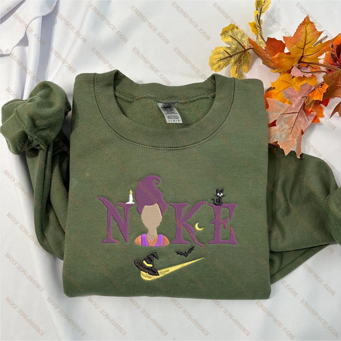 N Witch with Cat Halloween Embroidery Sweatshirt, Halloween Embroidery Sweatshirt HLW_M1982