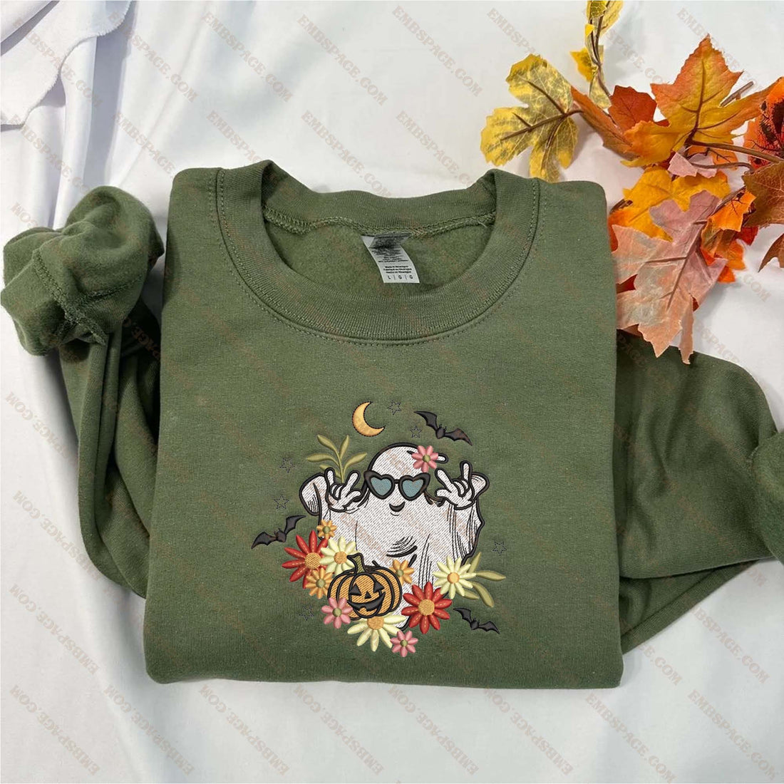 Halloween Floral Spooky Season Ghost Say Hi Embroidery Sweatshirt, Halloween Embroidery Sweatshirt HLW_M1794