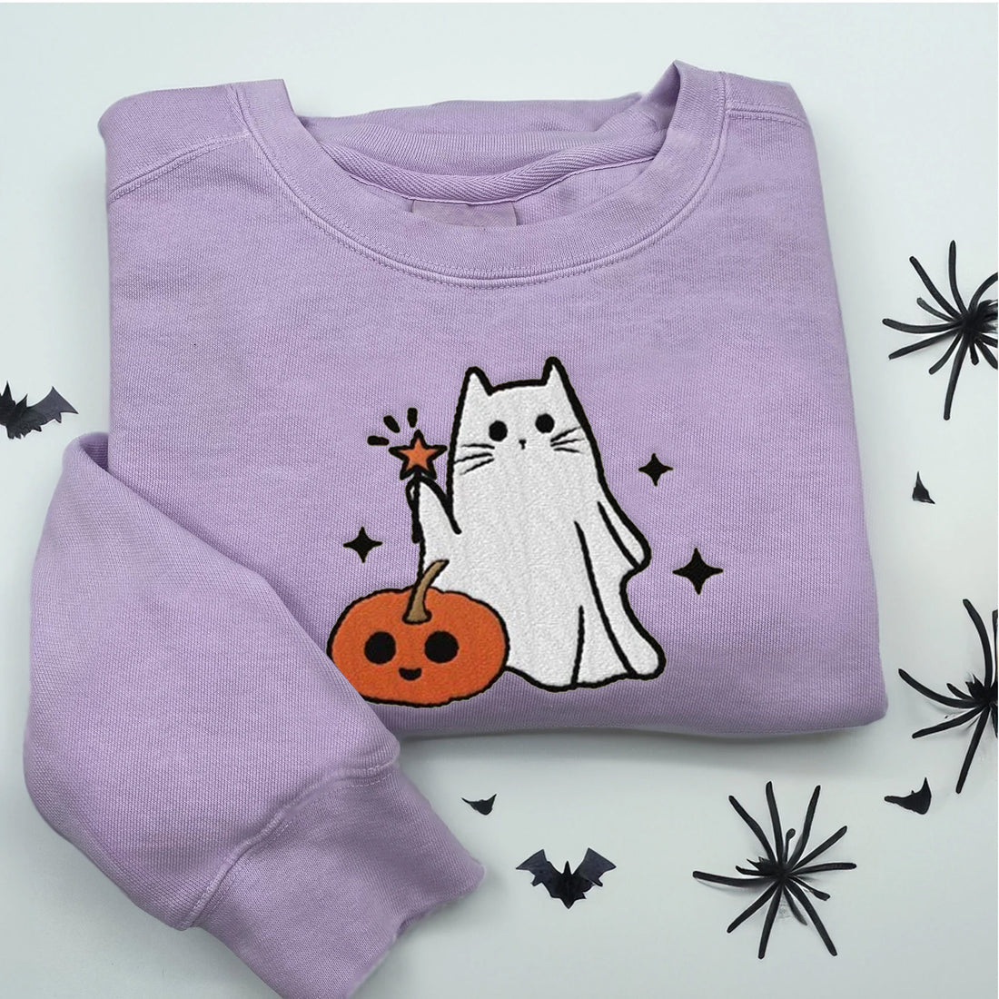 Ghost Cat Pumpkin Halloween Sweatshirt, Halloween Embroidery Sweatshirt HLW_M352