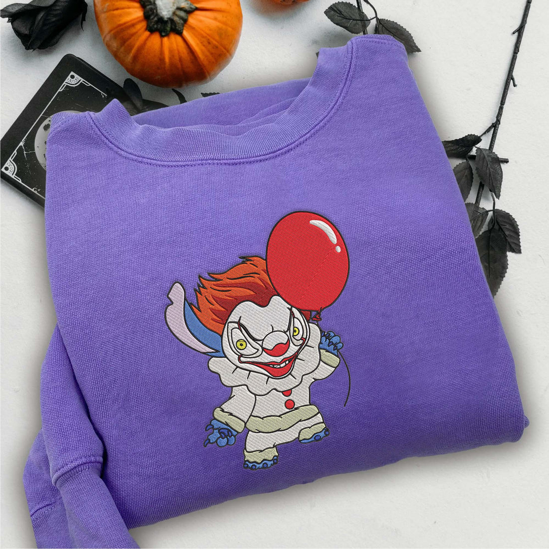 Clown Cartoon Character with Baloon Sweatshirt, Halloween Embroidery Sweatshirt HLW_M546