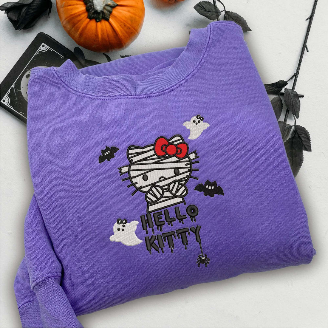 Halloween Cat with Ghost Sweatshirt, Halloween Embroidery Sweatshirt HLW_M450