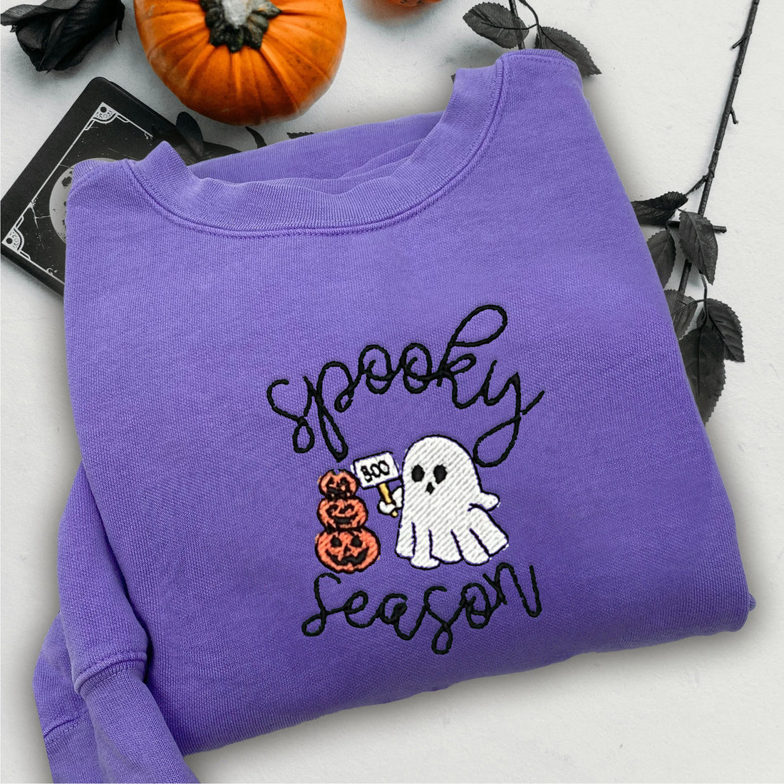 Spooky Season Pumpkin Ghost Sweatshirt, Halloween Embroidery Sweatshirt HLW_M369