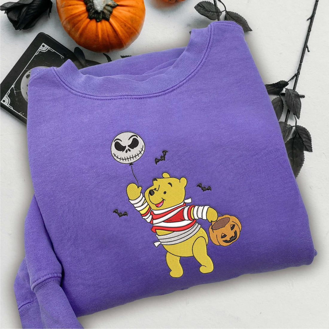 Pumpkin Bear with Balloon Embroidery Sweatshirt, Halloween Embroidery Sweatshirt HLW_M434