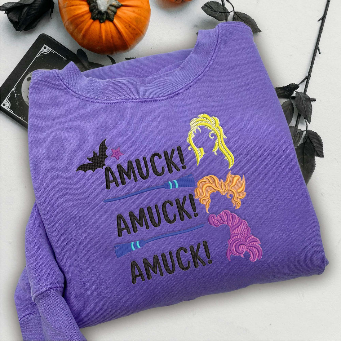 Amuck Witch Trio Sister Hair Embroidery Sweatshirt, Halloween Embroidery Sweatshirt HLW_M147