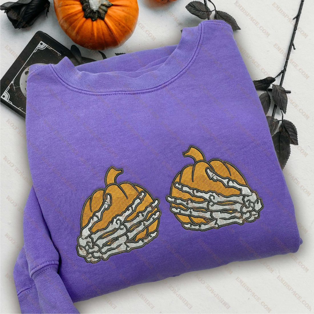 Pumpkin Bone Hand Halloween Embroidery Sweatshirt, Halloween Embroidery Sweatshirt HLW_M1669