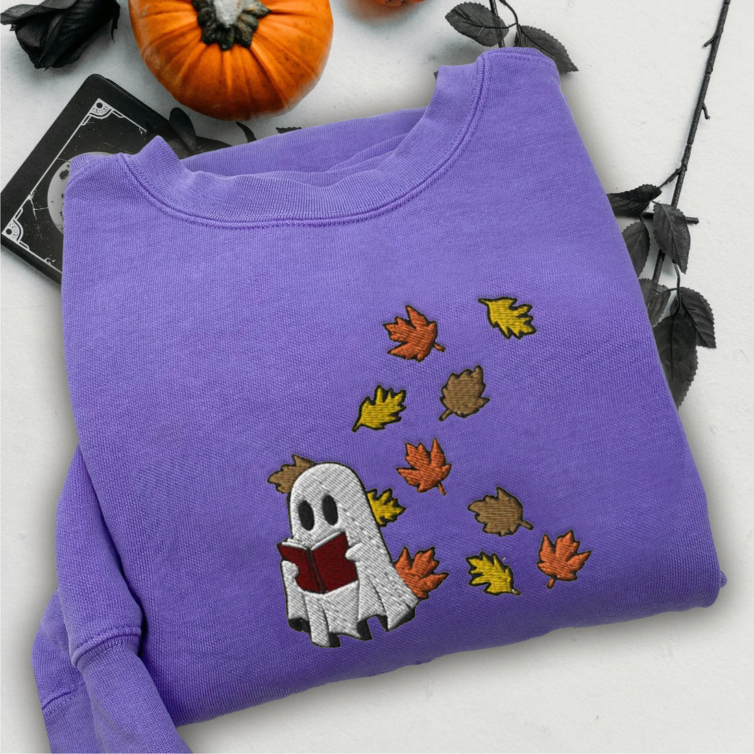 Embroidered Ghost Redading Book Sweatshirt, Halloween Embroidery Sweatshirt HLW_M361