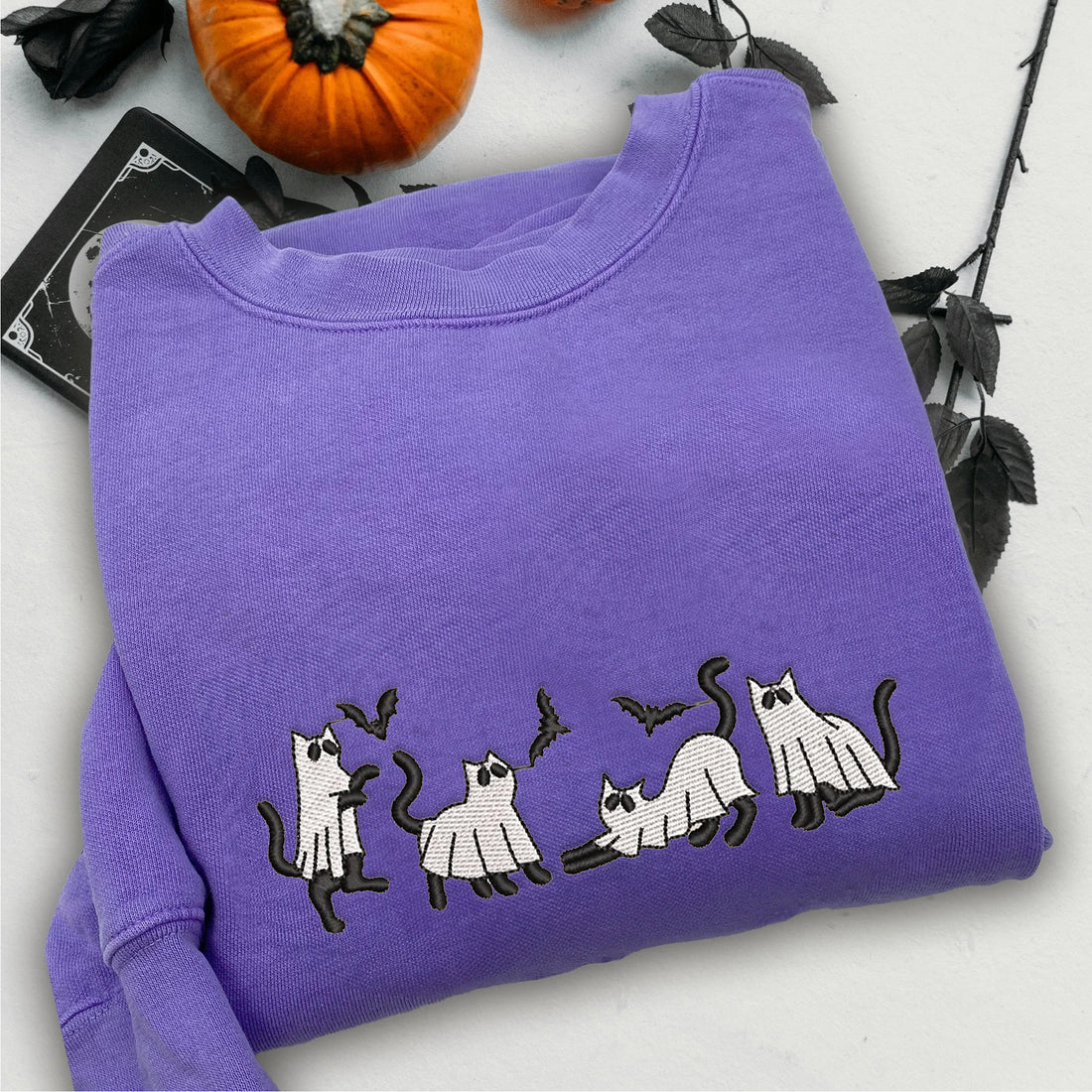 Ghost Cat Halloween Embroidery Sweatshirt, Halloween Embroidery Sweatshirt HLW_M347