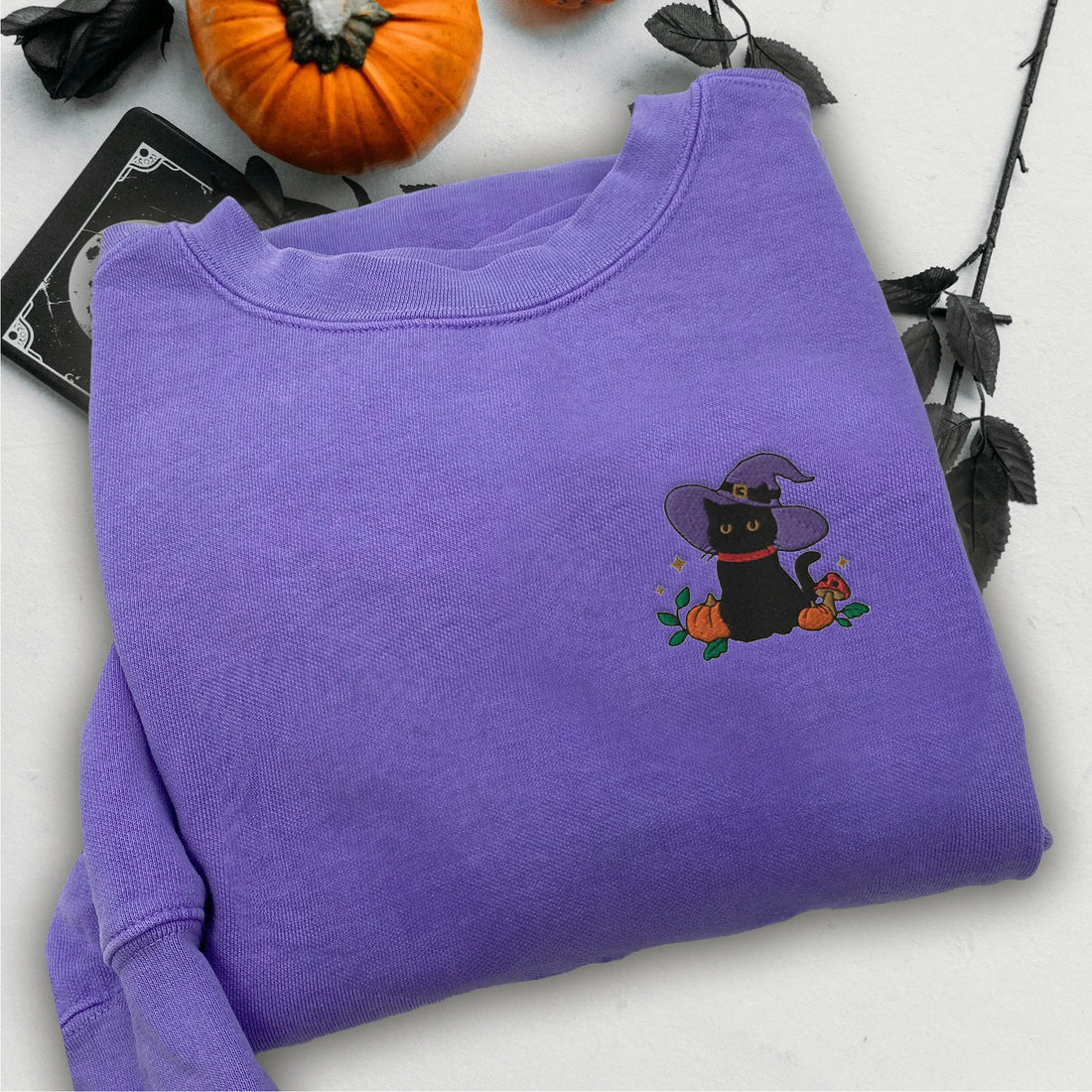 Black Cat Halloween Embroidery Sweatshirt, Halloween Embroidery Sweatshirt HLW_M351