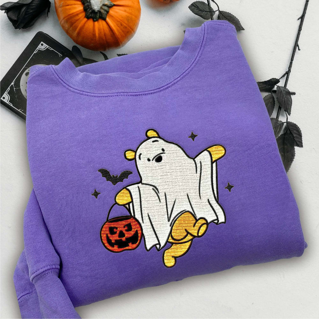 Ghost Cartoon Bear Embroidery Sweatshirt, Halloween Embroidery Sweatshirt HLW_M421