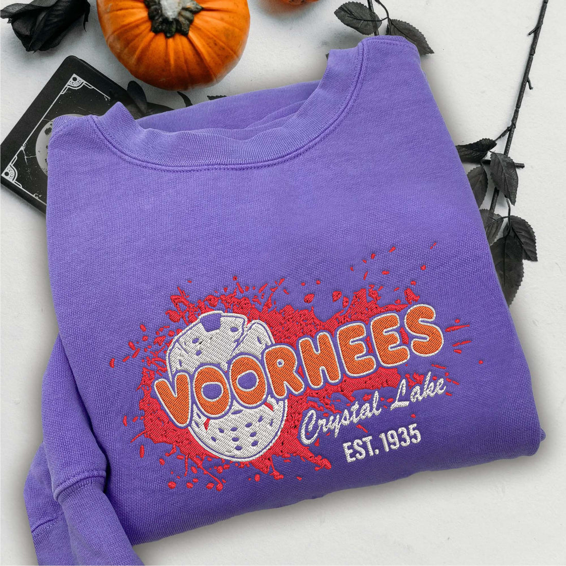 Horror Charater Crystal Lake EST.1935 Embroidery Sweatshirt, Halloween Embroidery Sweatshirt HLW_M577