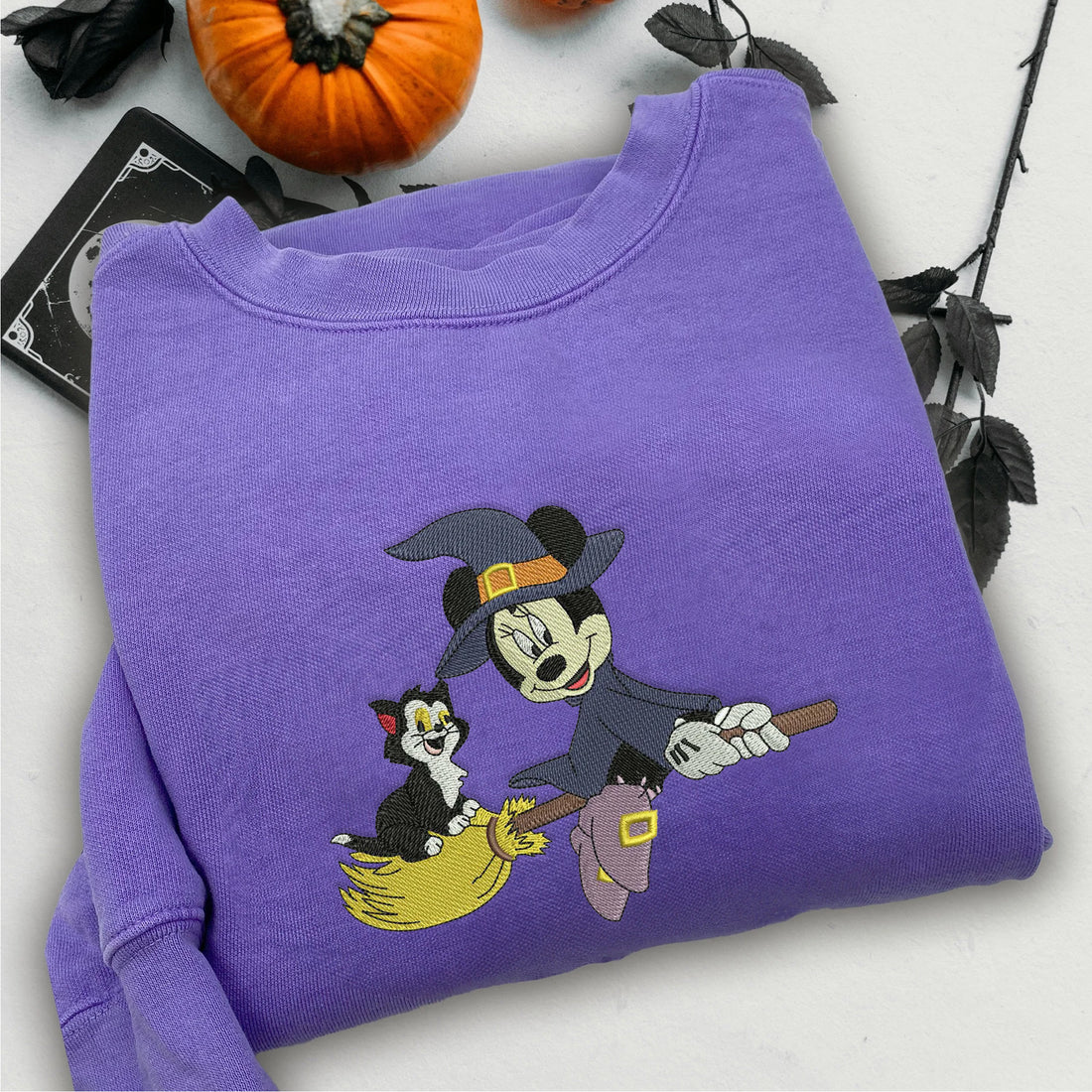 Mouse Sitting on Broom Sweatshirt, Halloween Embroidery Sweatshirt HLW_M678