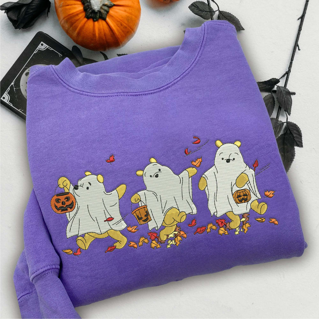 Three Ghost Bear Halloween Sweatshirt, Halloween Embroidery Sweatshirt HLW_M439
